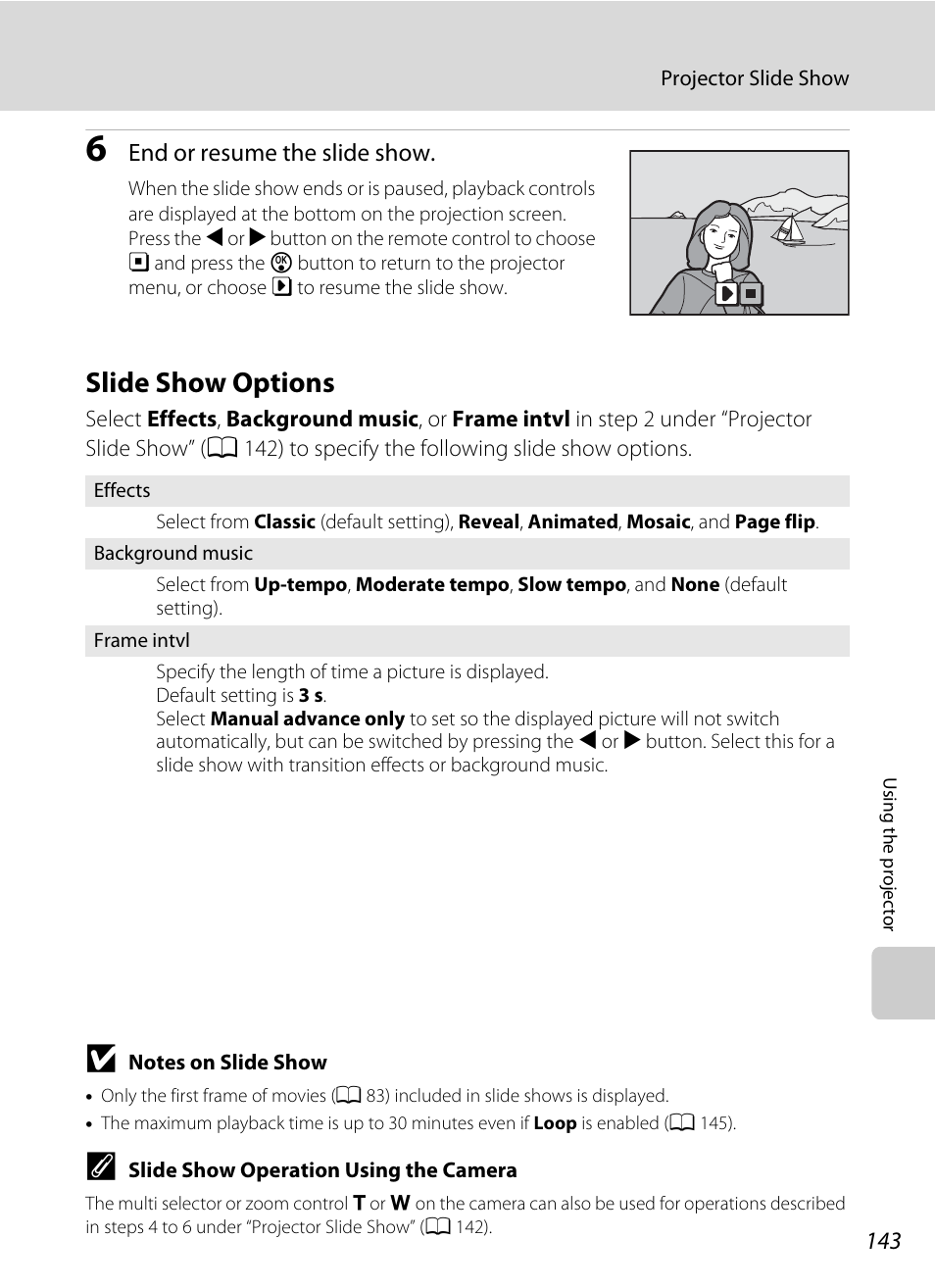Slide show options, A 143) | Nikon S1000pj User Manual | Page 155 / 184
