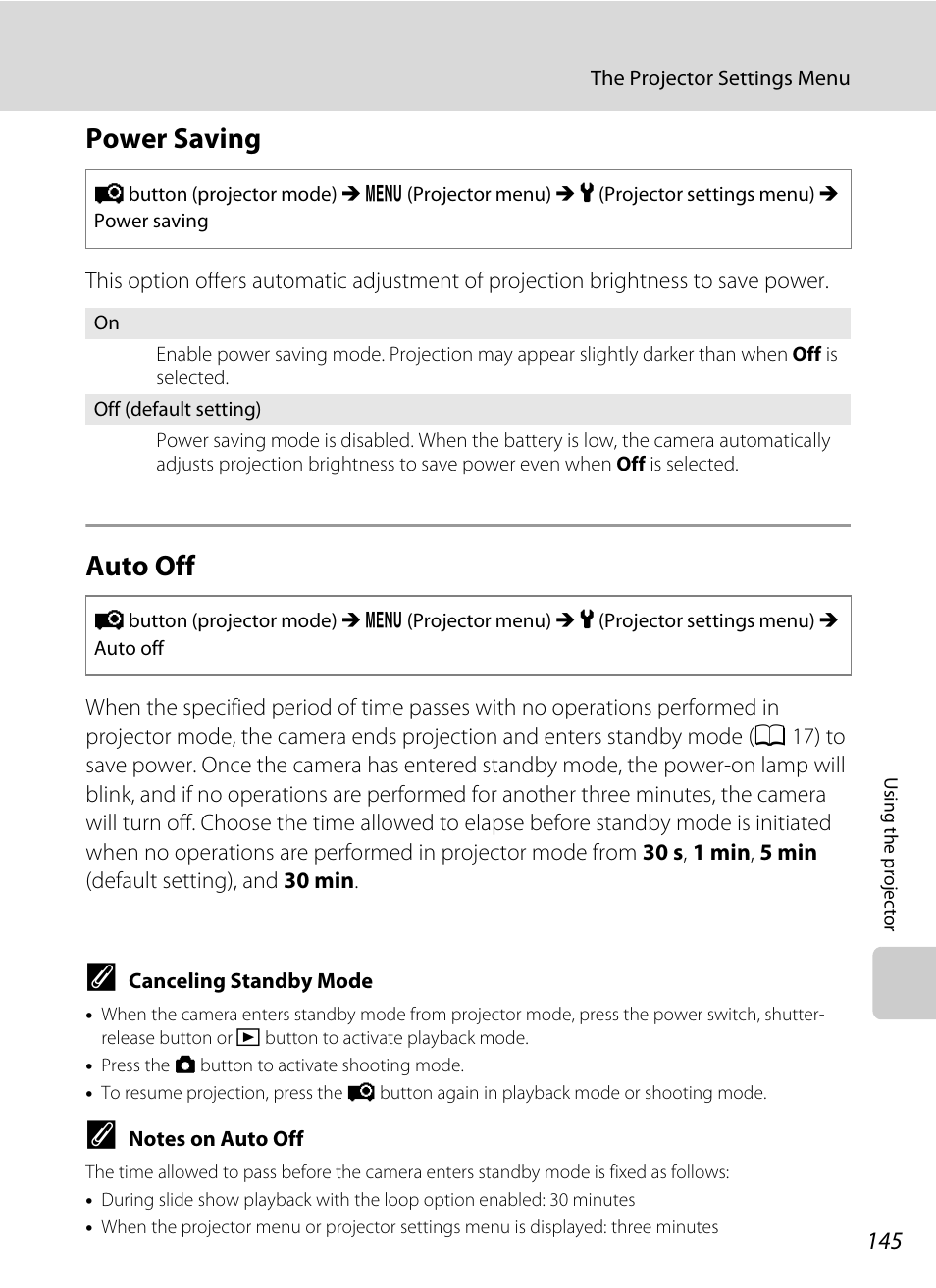 Power saving, Auto off, Power saving auto off | A 145), A 145), and | Nikon S1000pj User Manual | Page 157 / 184