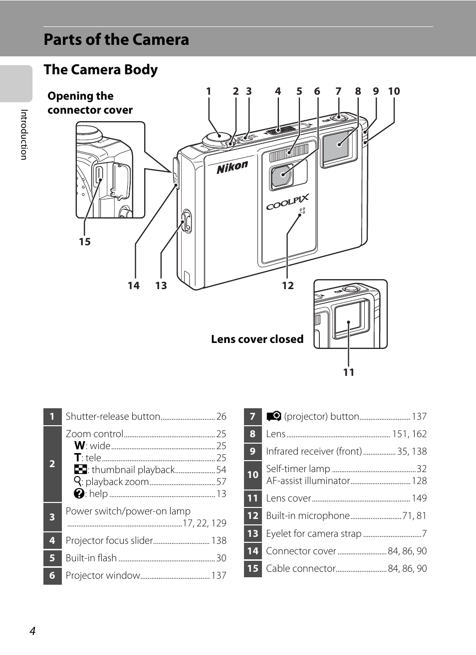 Parts of the camera, The camera body | Nikon S1000pj User Manual | Page 16 / 184