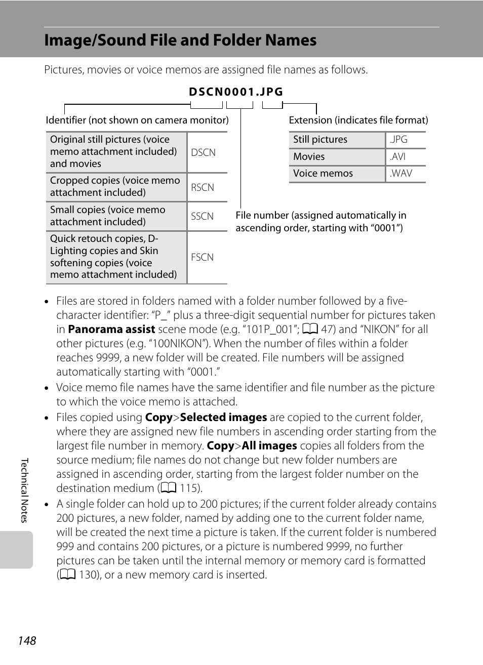 Image/sound file and folder names, A 148) for, A 148) | A 148). only the | Nikon S1000pj User Manual | Page 160 / 184