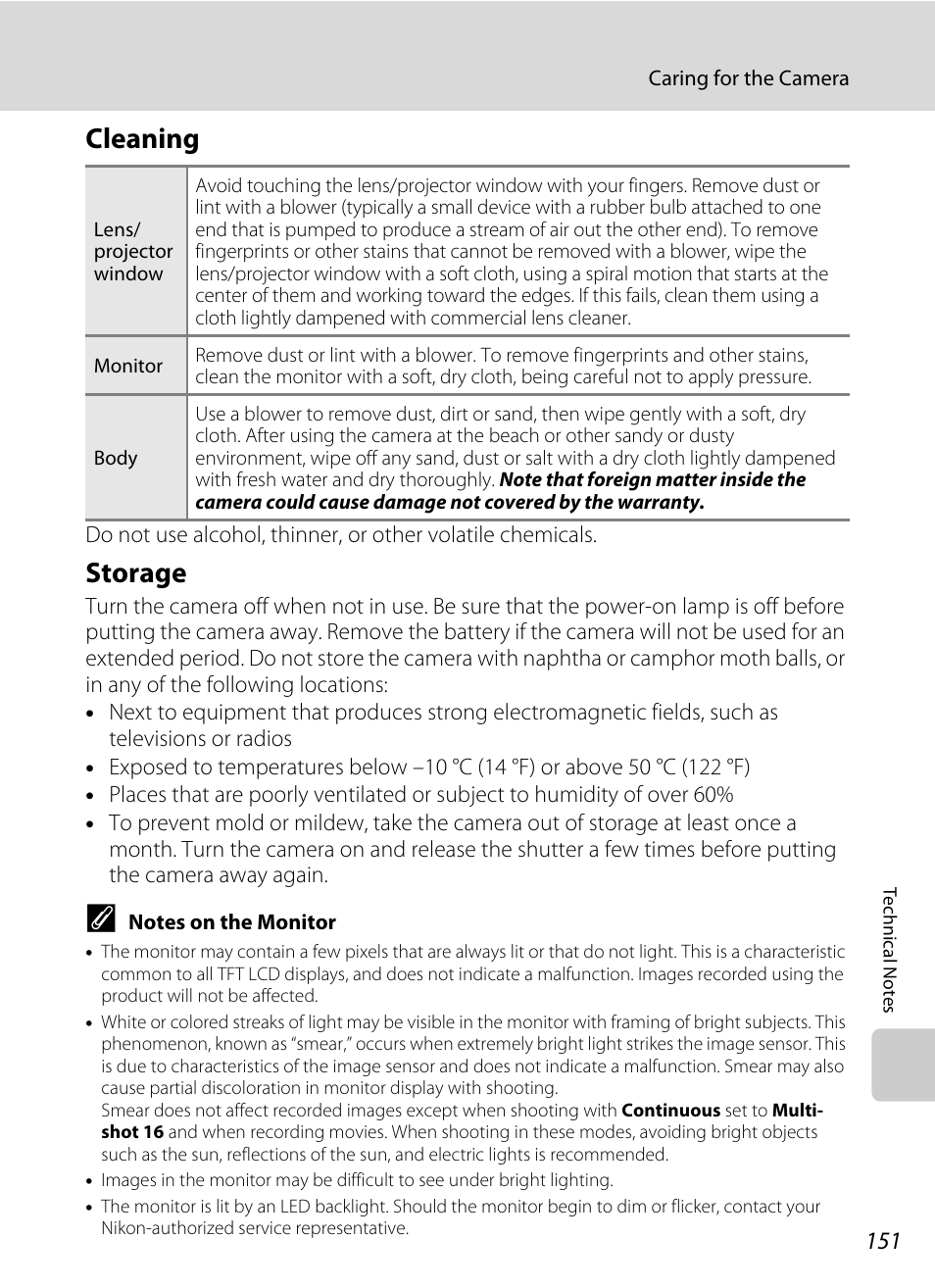 Cleaning, Storage, Cleaning storage | A 151) v | Nikon S1000pj User Manual | Page 163 / 184