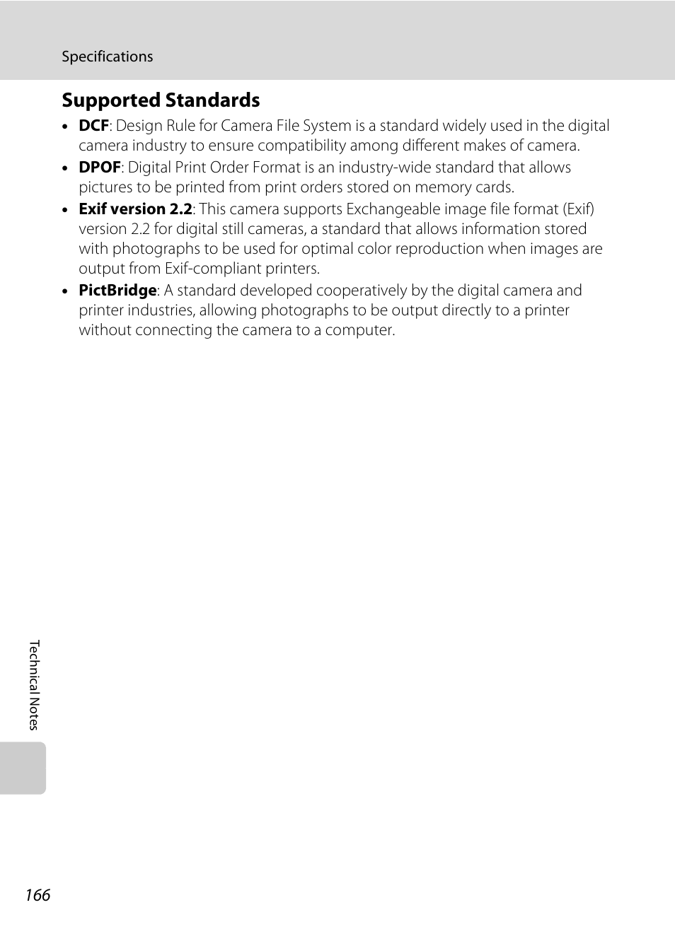 Supported standards, Tible, A 166) printers | Nikon S1000pj User Manual | Page 178 / 184