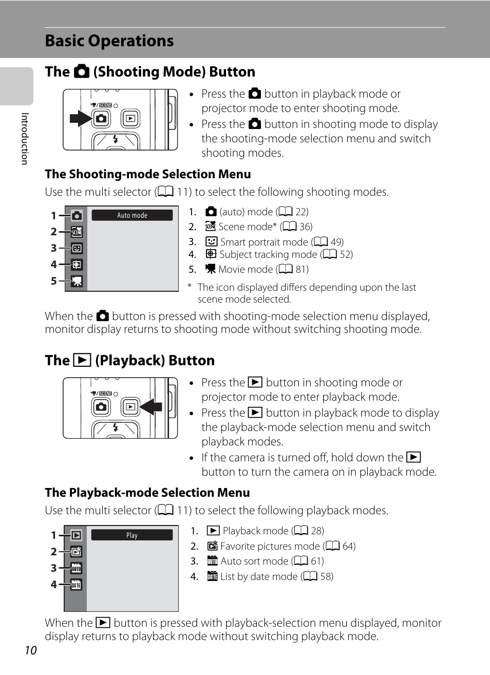 Basic operations, The shooting mode button, The playback button | The a (shooting mode) button the, C (playback) button, The a (shooting mode) button, The c (playback) button | Nikon S1000pj User Manual | Page 22 / 184