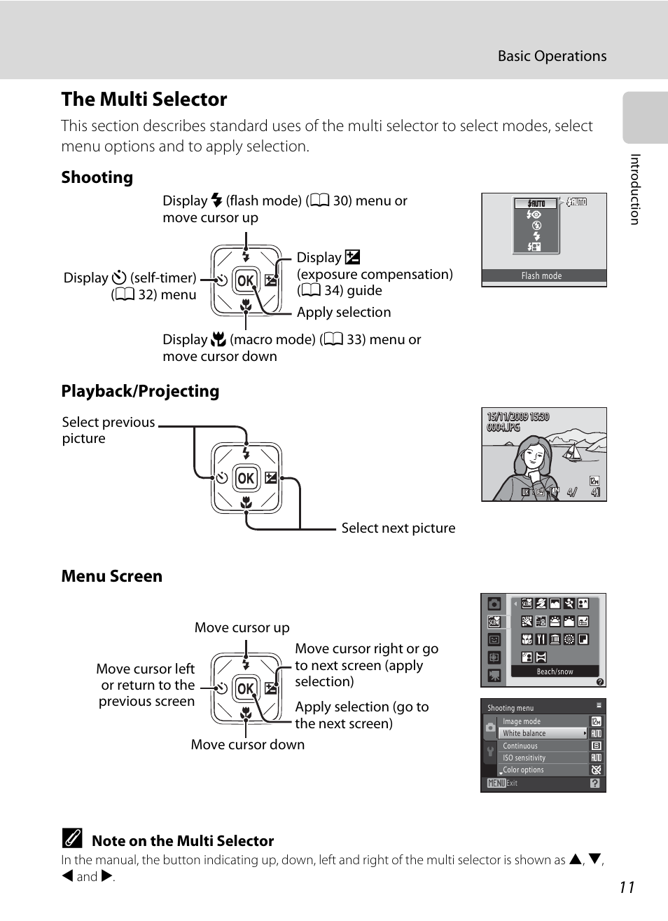 The multi selector, Use the multi selector, A 11) to select the follo | Shooting playback/projecting menu screen | Nikon S1000pj User Manual | Page 23 / 184
