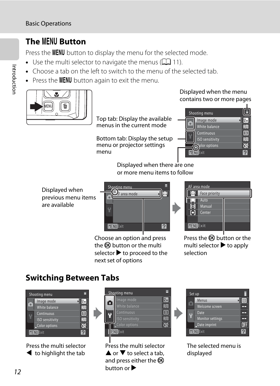 The menu button, Switching between tabs, D button | The d button, Basic operations | Nikon S1000pj User Manual | Page 24 / 184