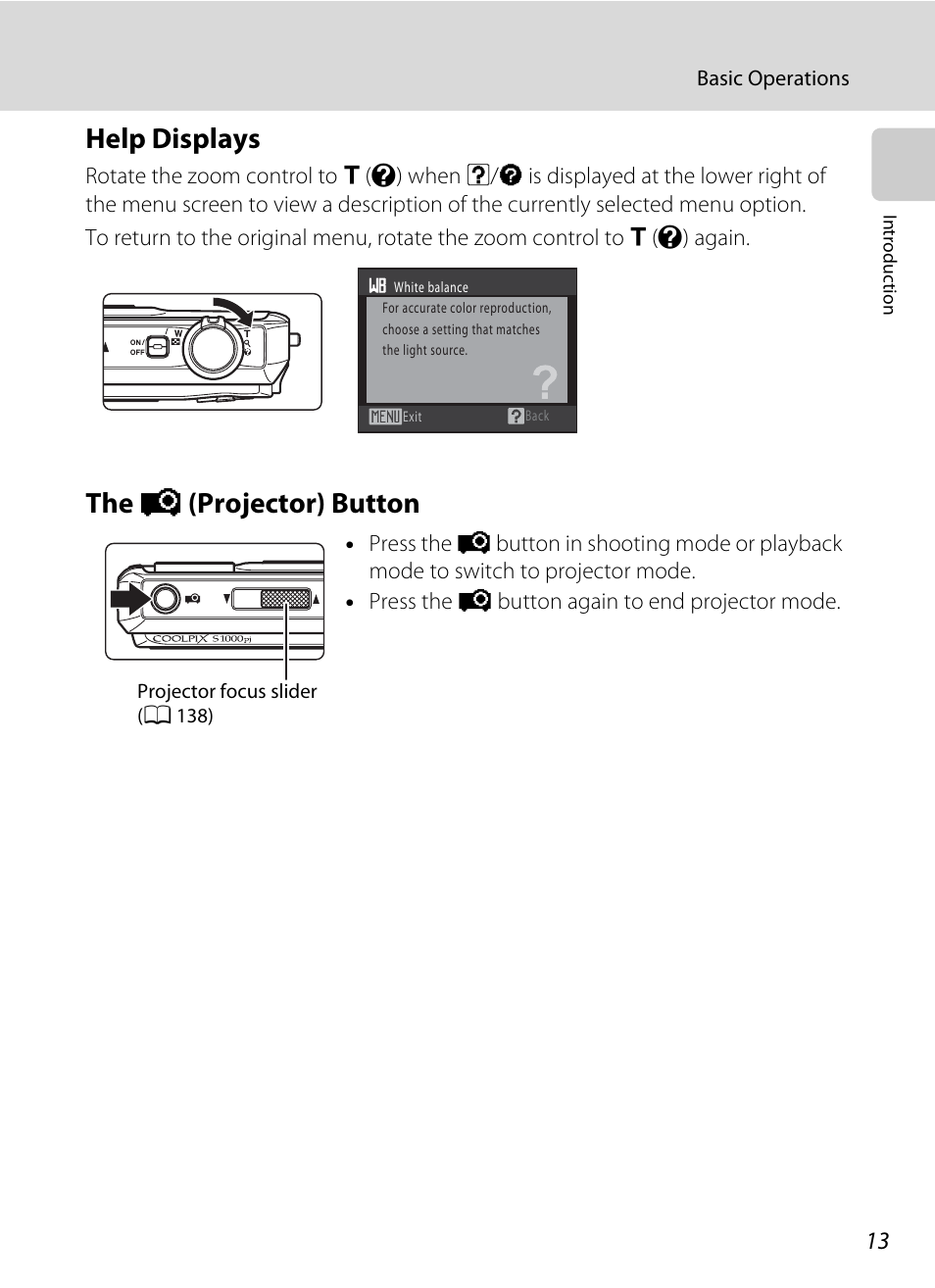 Help displays, The projector button, Help displays the | P (projector) button, The p (projector) button | Nikon S1000pj User Manual | Page 25 / 184