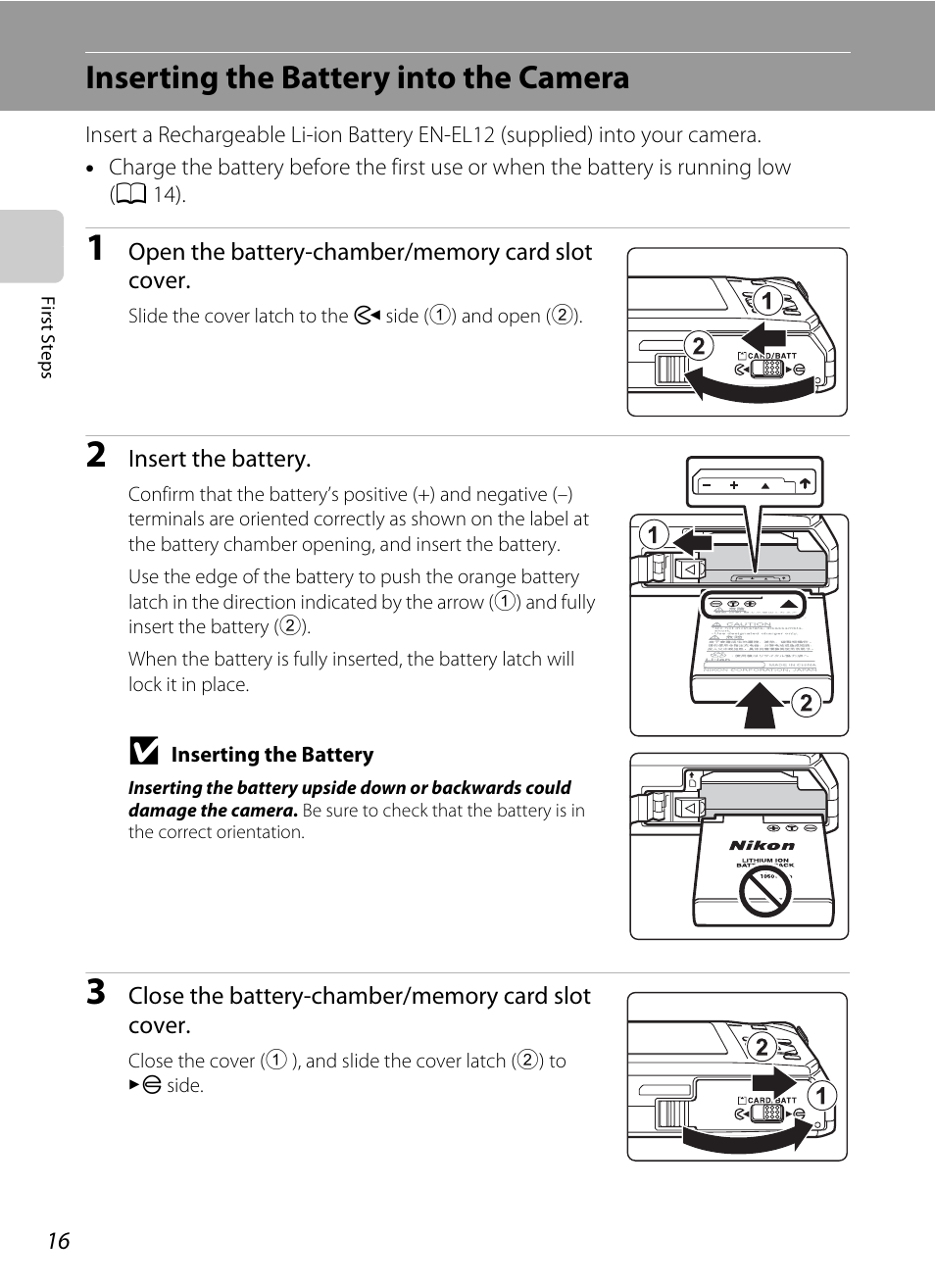 Inserting the battery into the camera | Nikon S1000pj User Manual | Page 28 / 184