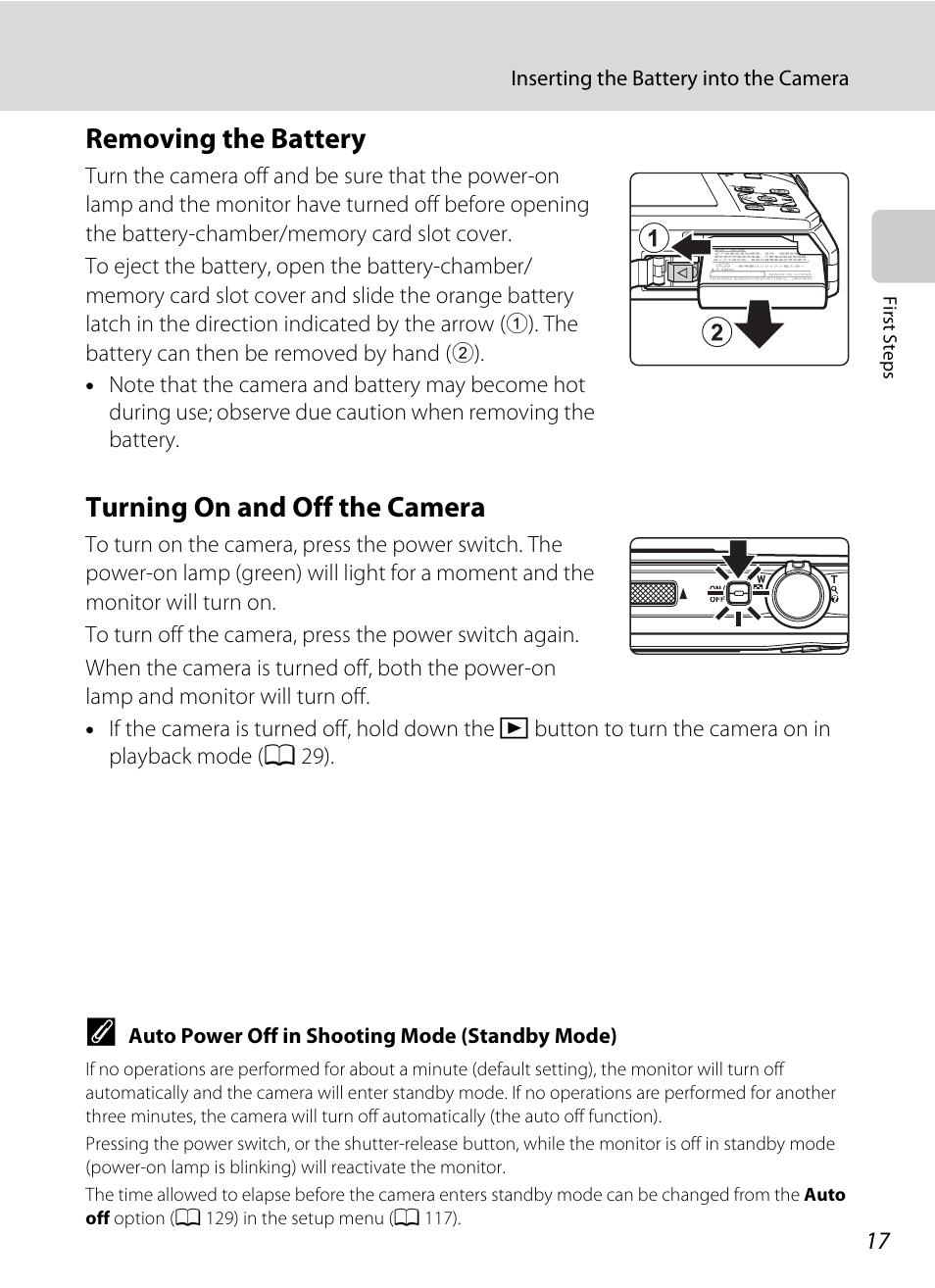 Removing the battery, Turning on and off the camera, Removing the battery turning on and off the camera | Nikon S1000pj User Manual | Page 29 / 184