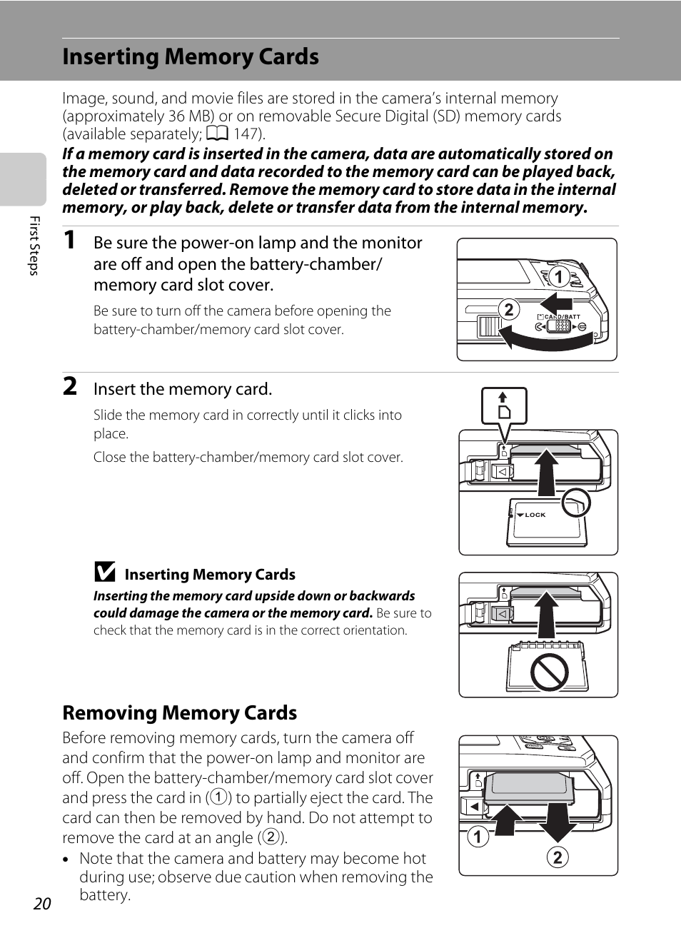 Inserting memory cards, Removing memory cards | Nikon S1000pj User Manual | Page 32 / 184