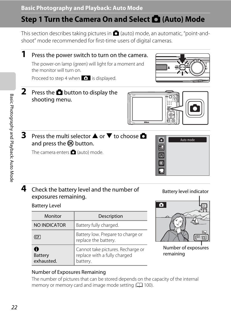 Basic photography and playback: auto mode, Step 1 turn the camera on and select auto mode, A basic photography and playback: auto mode | Step 1 turn the camera on and select a (auto) mode, A 22) | Nikon S1000pj User Manual | Page 34 / 184