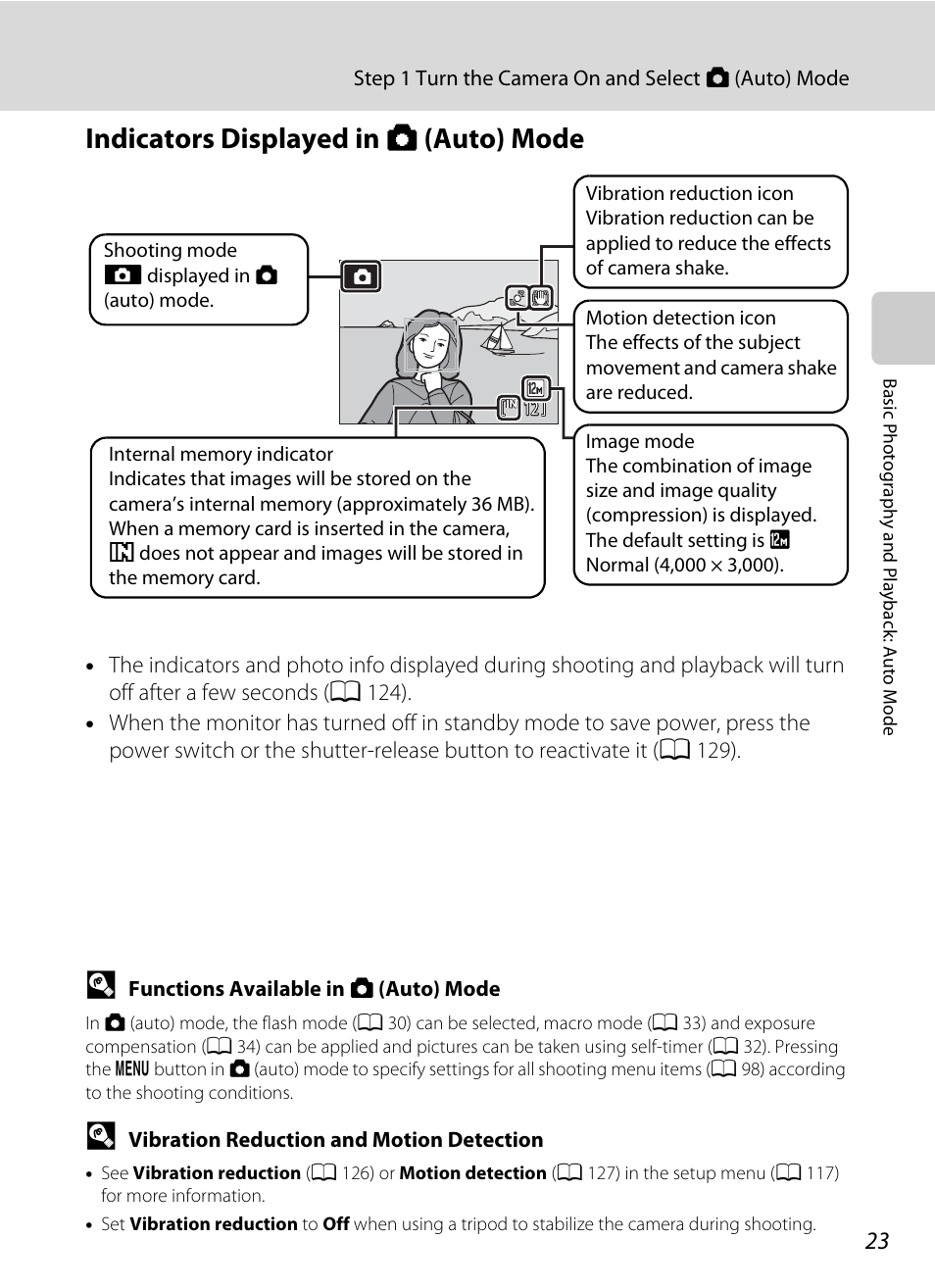 Indicators displayed in auto mode, Indicators displayed in a (auto) mode | Nikon S1000pj User Manual | Page 35 / 184
