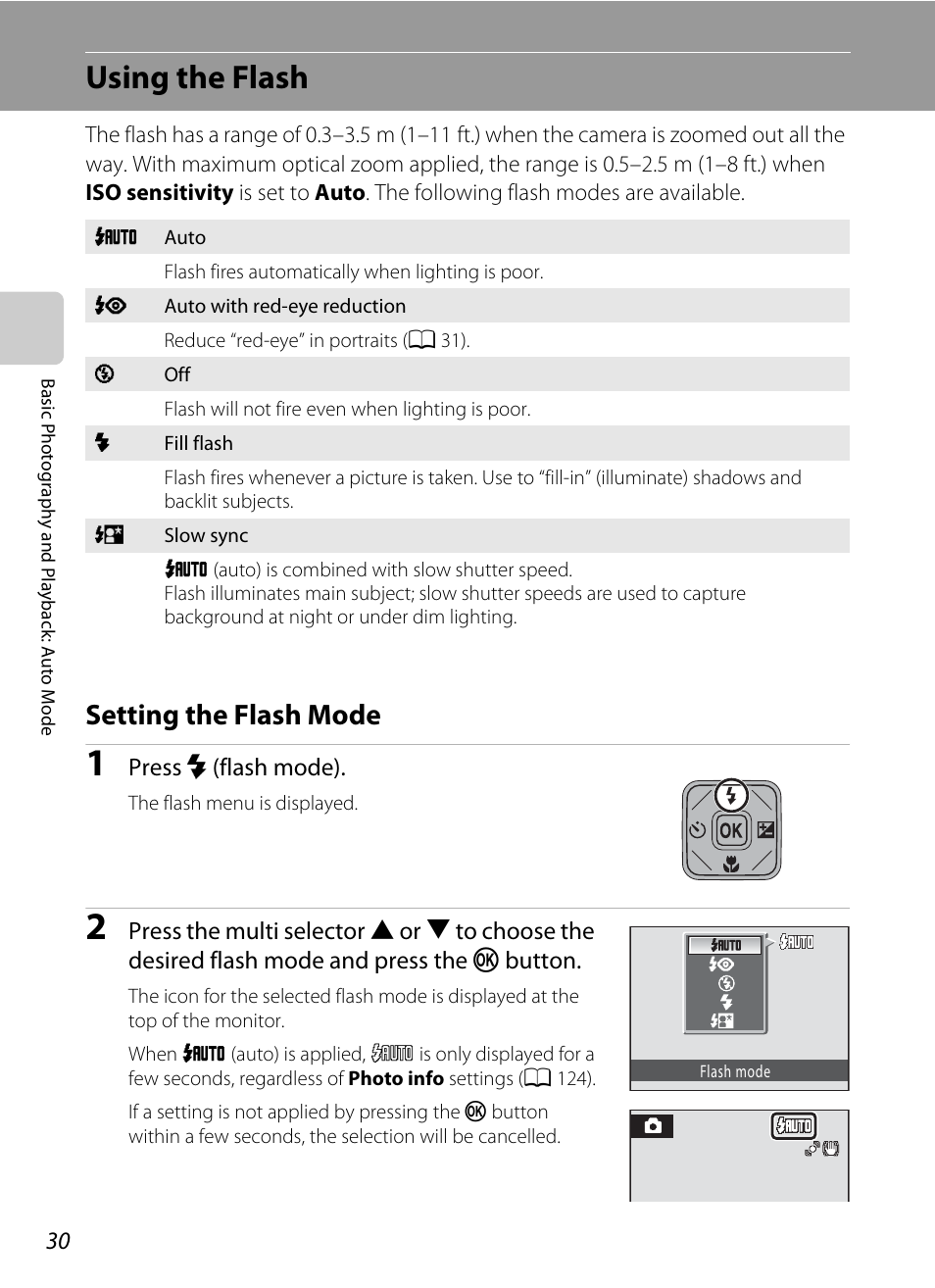 Using the flash, Setting the flash mode, A 30) menu | A 30), A 30 | Nikon S1000pj User Manual | Page 42 / 184