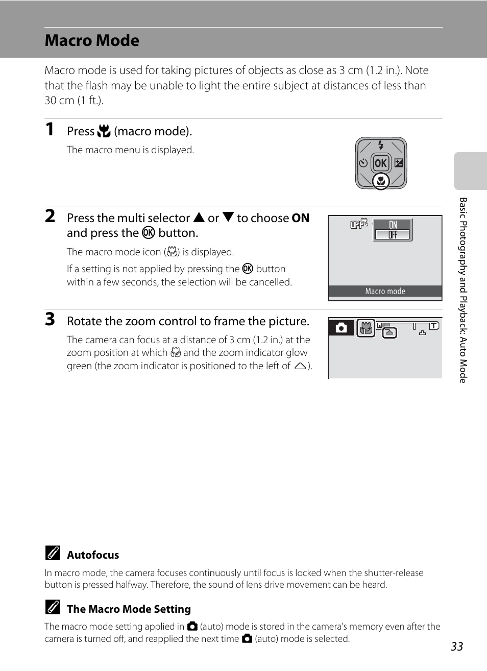 Macro mode, A 33) menu, De (a 33) and expos | Nikon S1000pj User Manual | Page 45 / 184