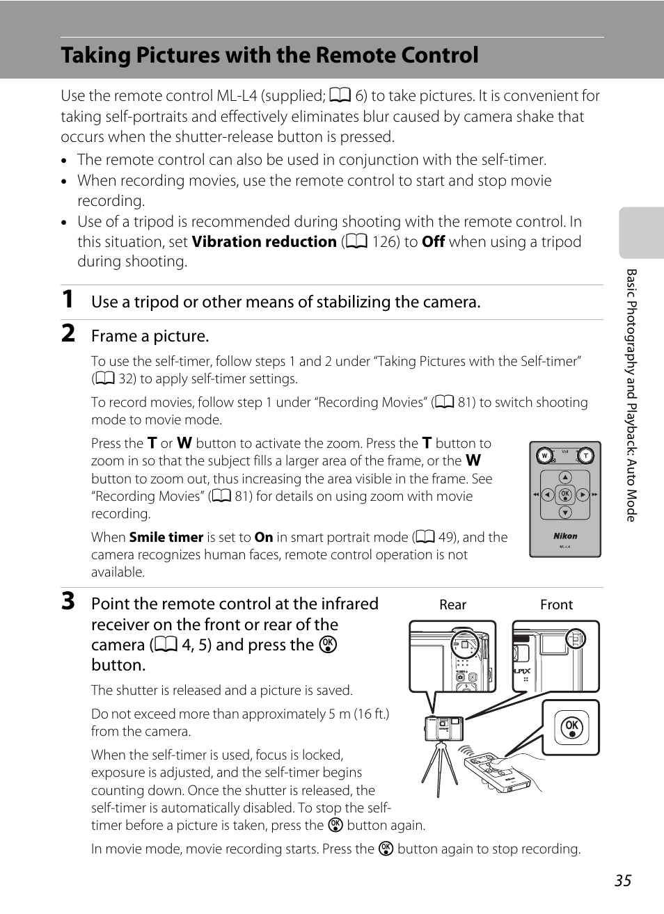 Taking pictures with the remote control, E recording, A 35) | Nikon S1000pj User Manual | Page 47 / 184