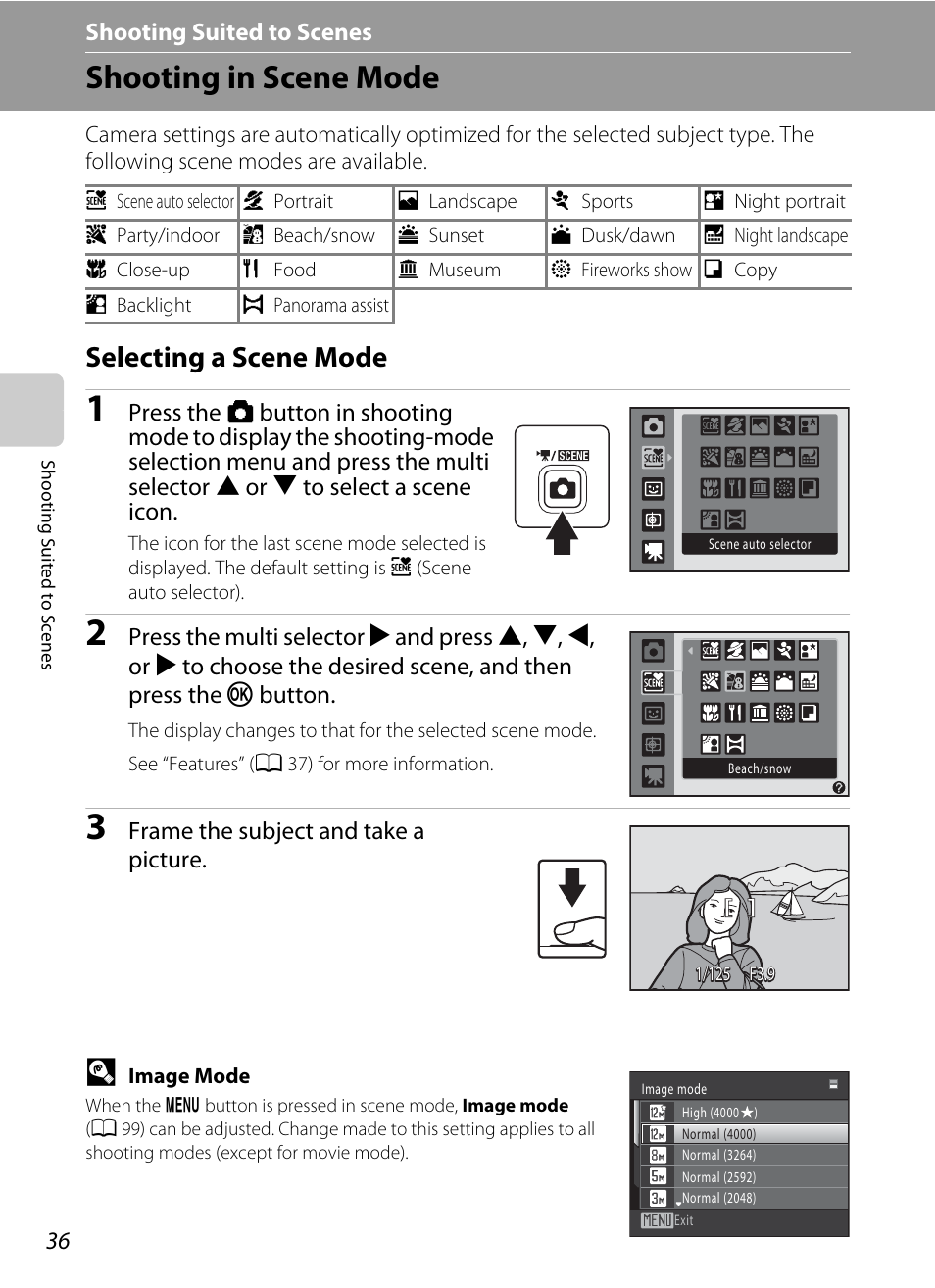 Shooting suited to scenes, Shooting in scene mode, Selecting a scene mode | C shooting suited to scenes, A 36) | Nikon S1000pj User Manual | Page 48 / 184