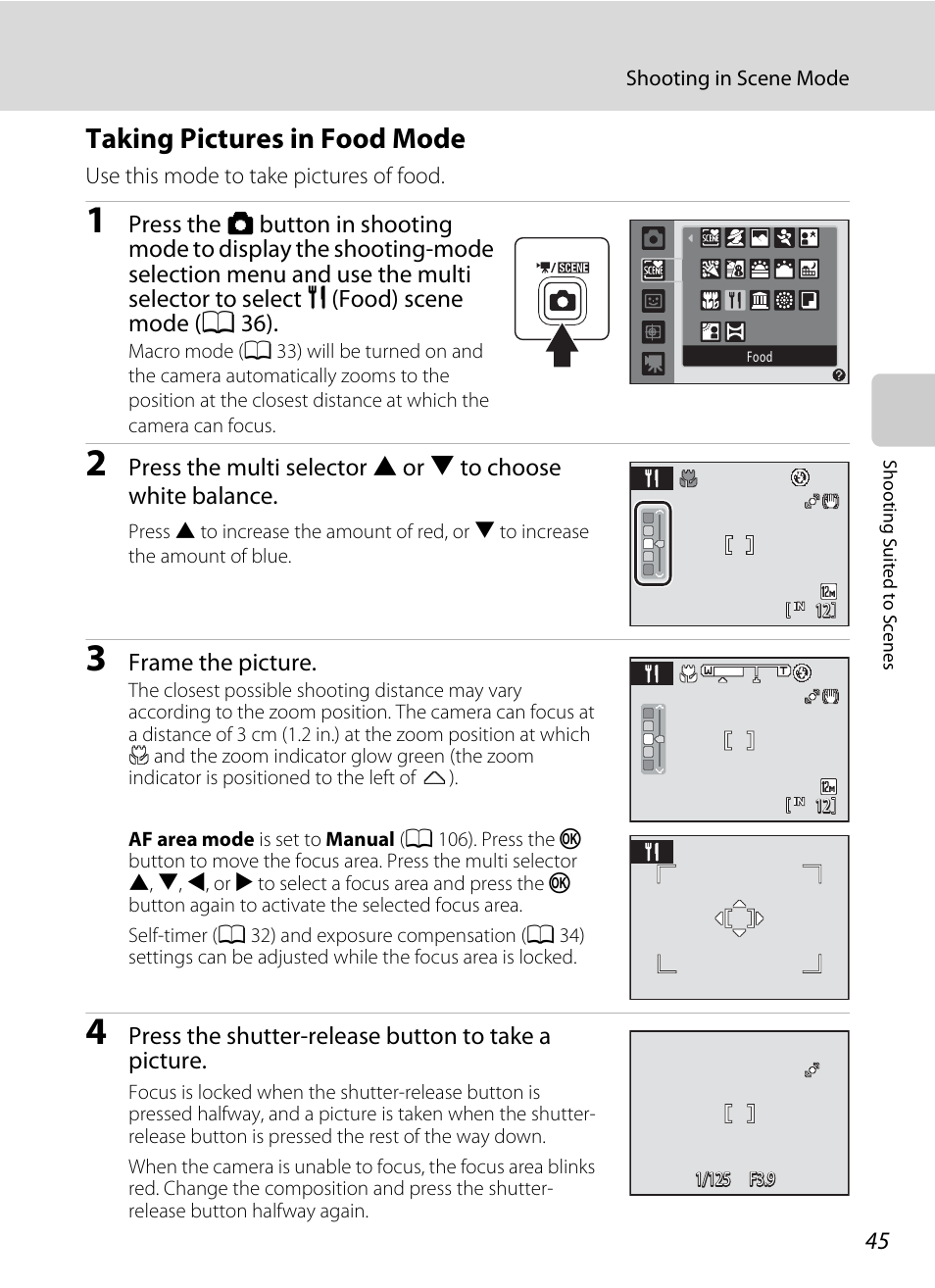 Taking pictures in food mode, See “taking pictures in food mode, A 45) for | Nikon S1000pj User Manual | Page 57 / 184
