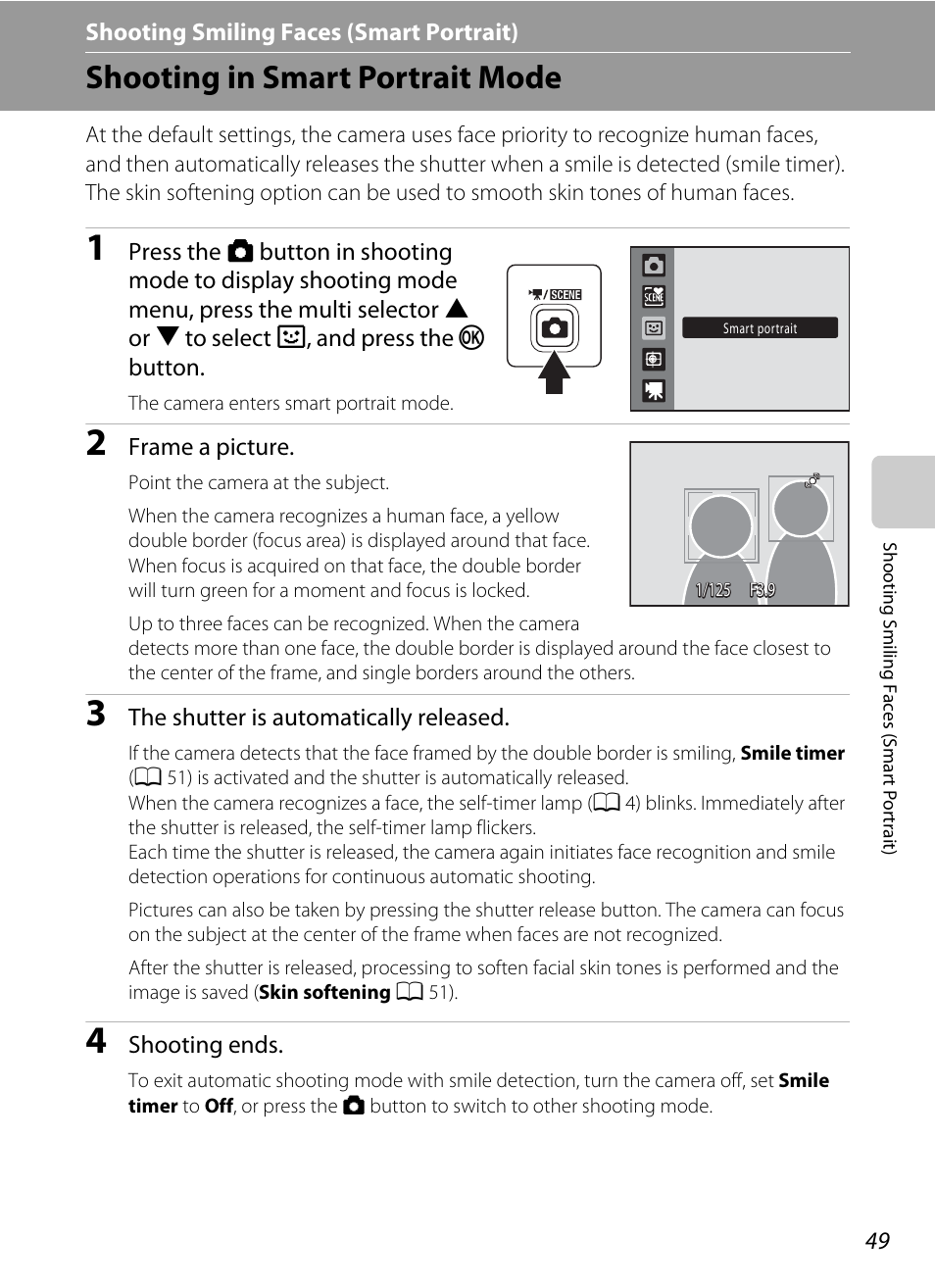 Shooting smiling faces (smart portrait), Shooting in smart portrait mode, F shooting smiling faces (smart portrait) | A 49, A 49), and the | Nikon S1000pj User Manual | Page 61 / 184