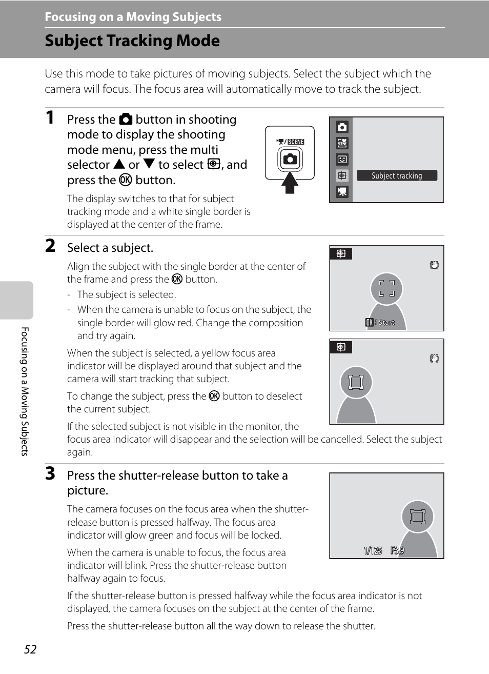 Focusing on a moving subjects, Subject tracking mode, S focusing on a moving subjects | A 52) | Nikon S1000pj User Manual | Page 64 / 184