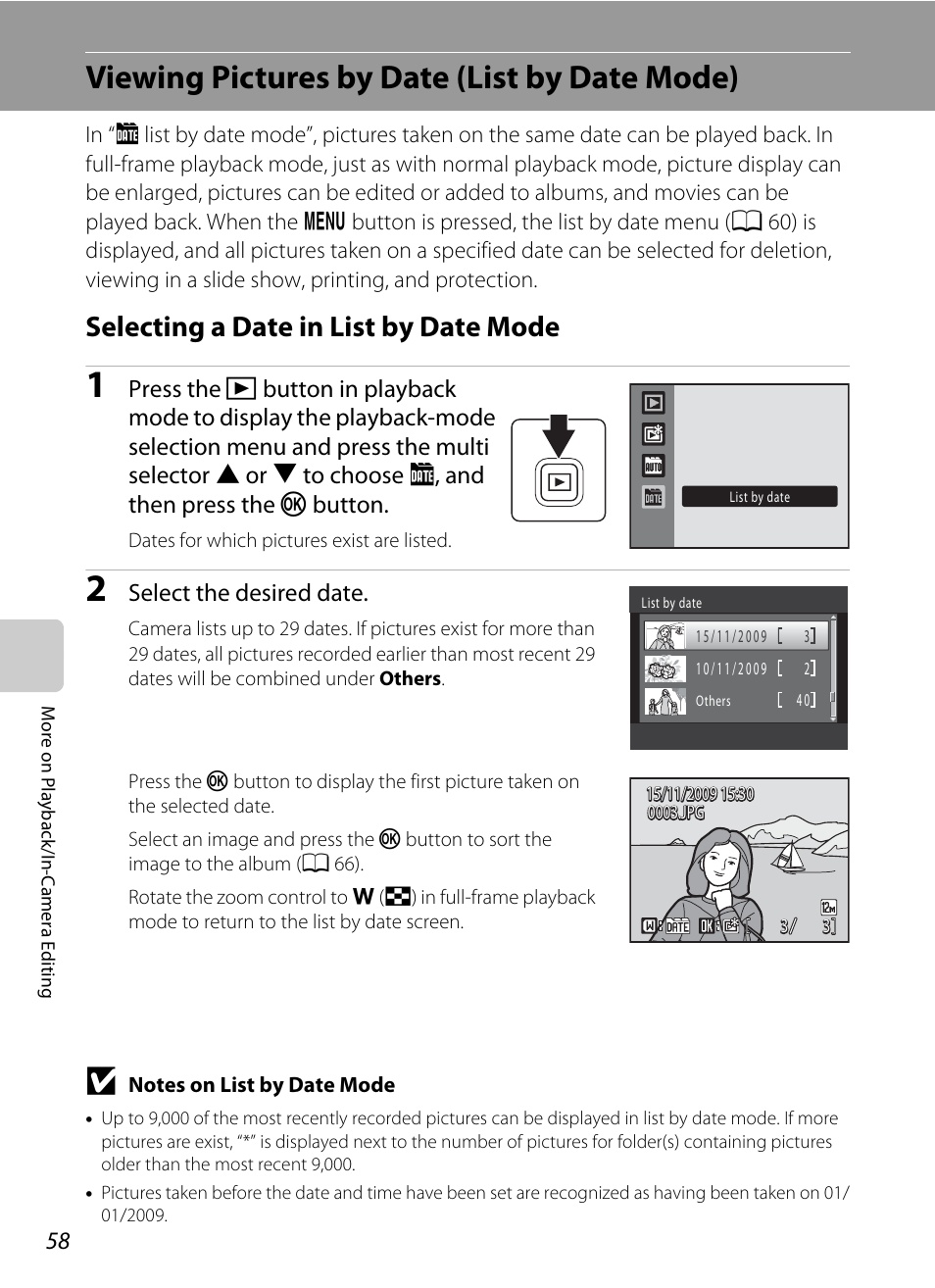 Viewing pictures by date (list by date mode), Selecting a date in list by date mode, A 58) | A 58, Select the desired date | Nikon S1000pj User Manual | Page 70 / 184