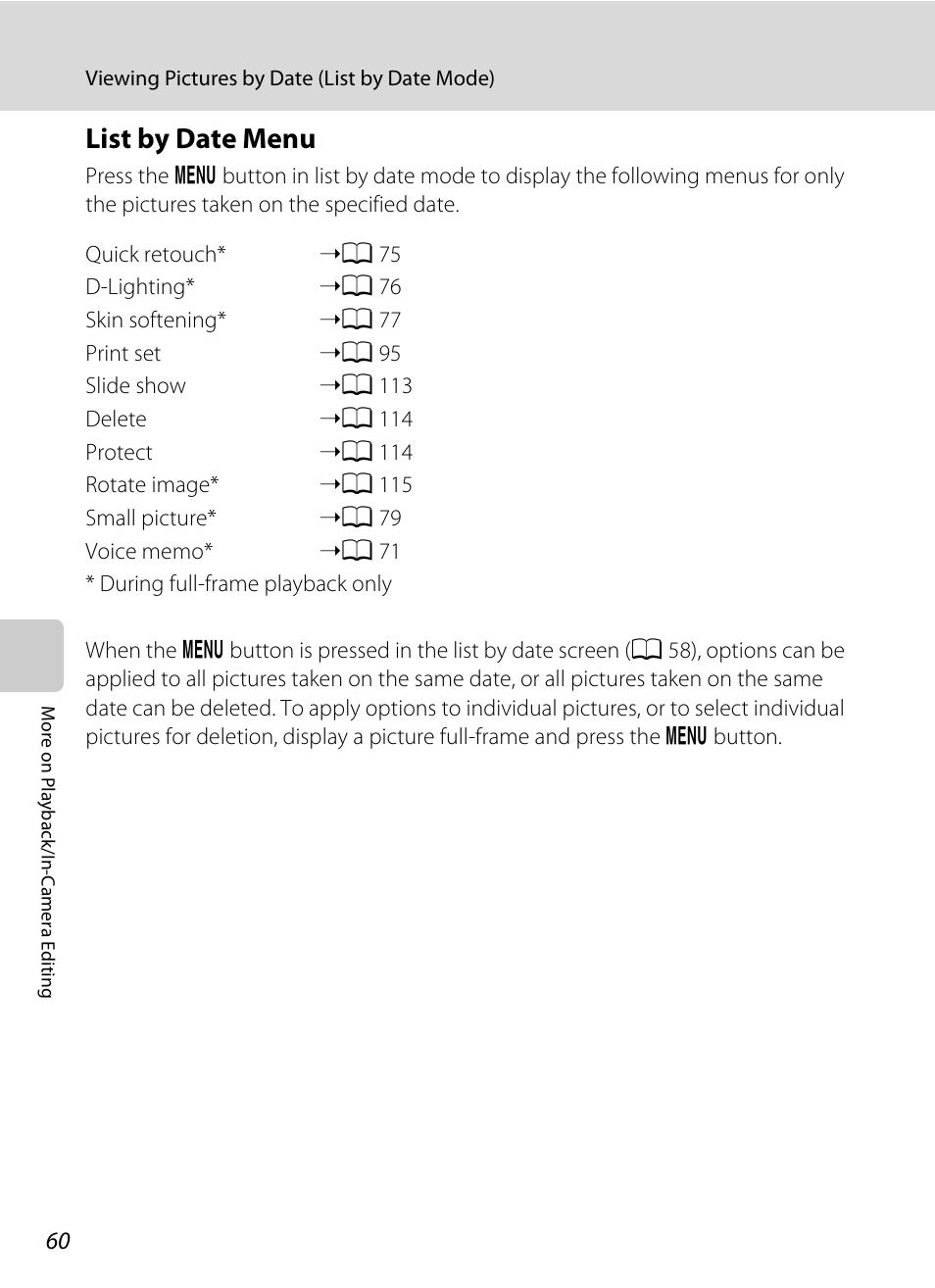 List by date menu, A 60, A 60) a | Nikon S1000pj User Manual | Page 72 / 184