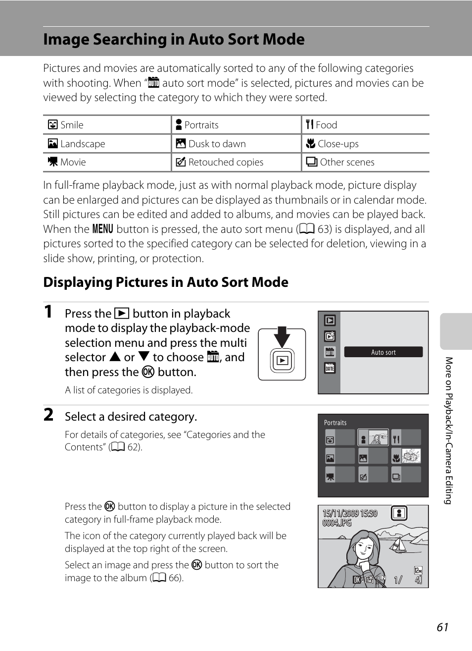 Image searching in auto sort mode, Displaying pictures in auto sort mode, A 61) | Nikon S1000pj User Manual | Page 73 / 184