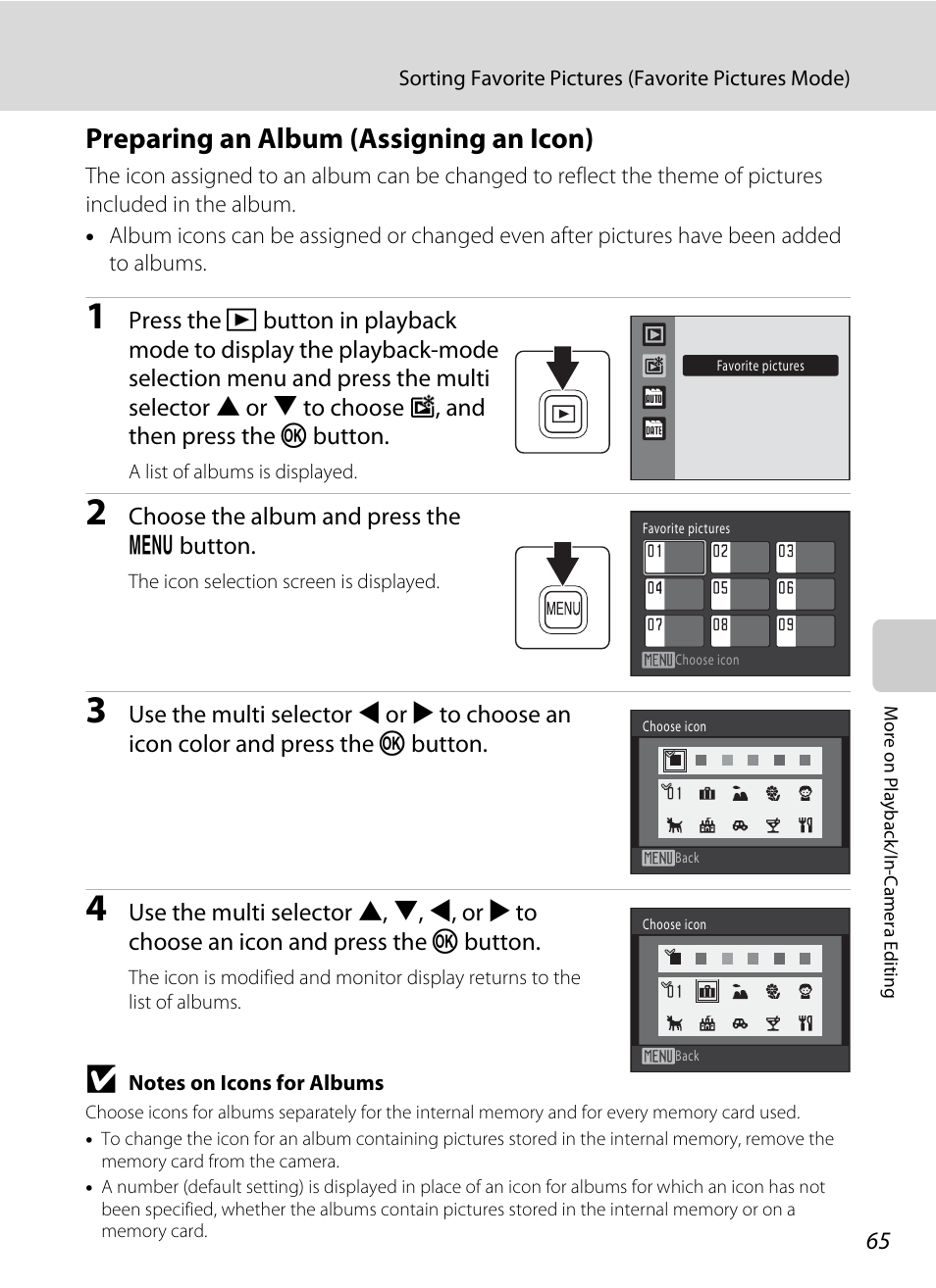 Preparing an album (assigning an icon), A 65) | Nikon S1000pj User Manual | Page 77 / 184