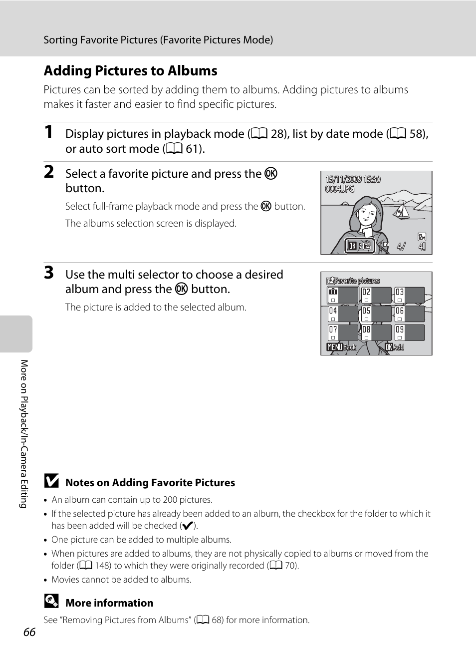 Adding pictures to albums, A 66) | Nikon S1000pj User Manual | Page 78 / 184