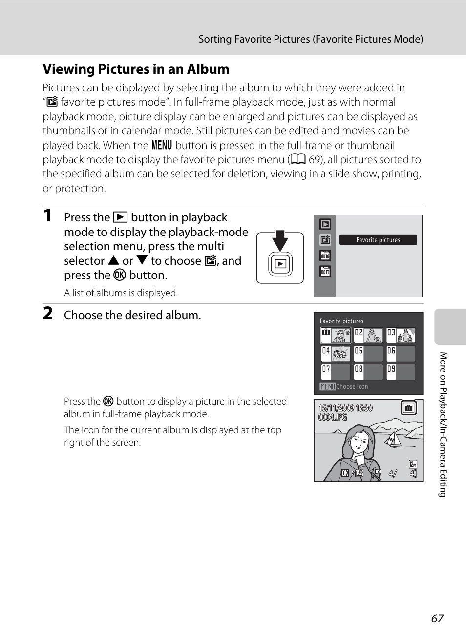 Viewing pictures in an album, A 67) | Nikon S1000pj User Manual | Page 79 / 184