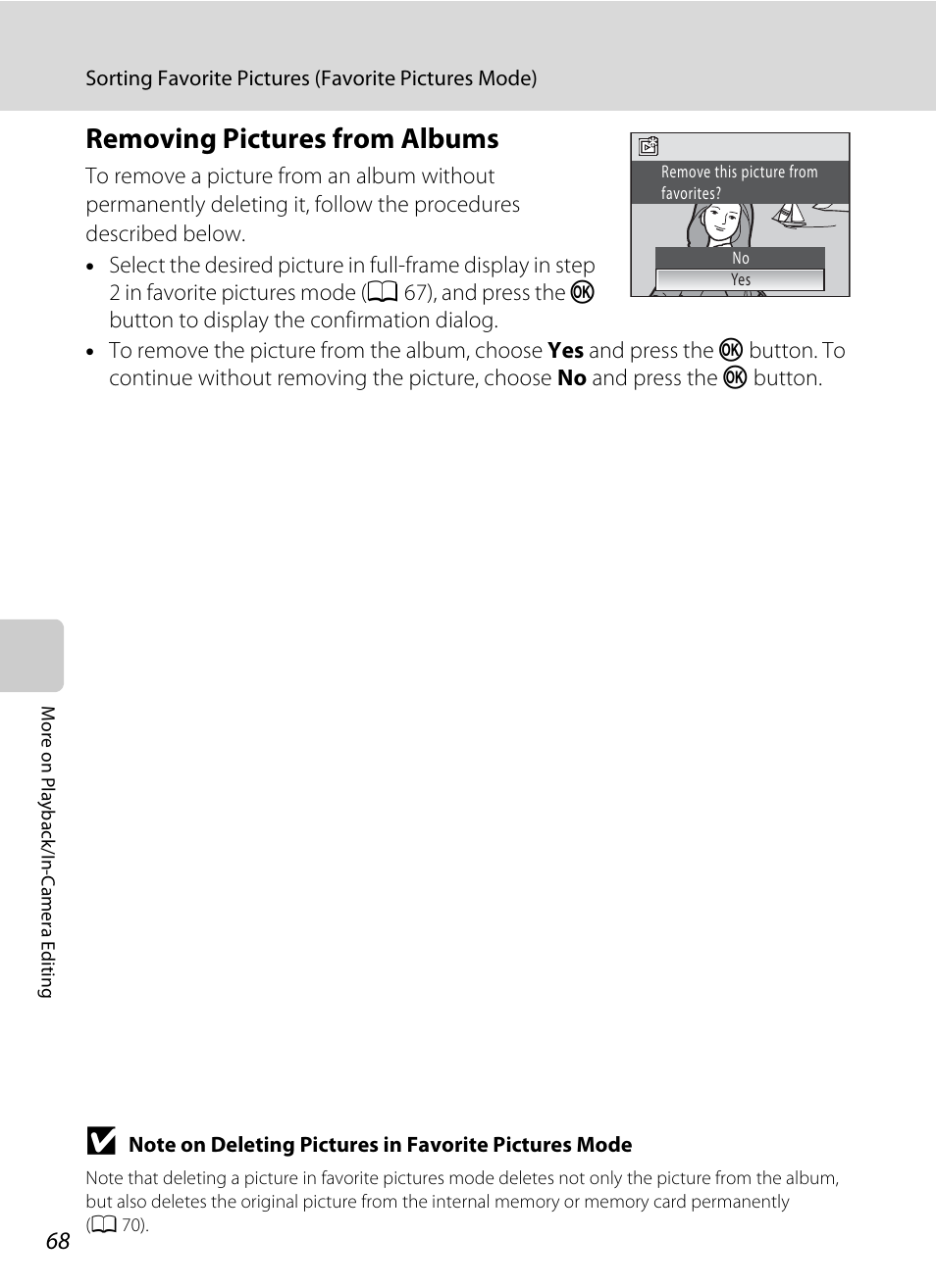 Removing pictures from albums, Ee ”removing pictures from albums, A 68) f | Nikon S1000pj User Manual | Page 80 / 184