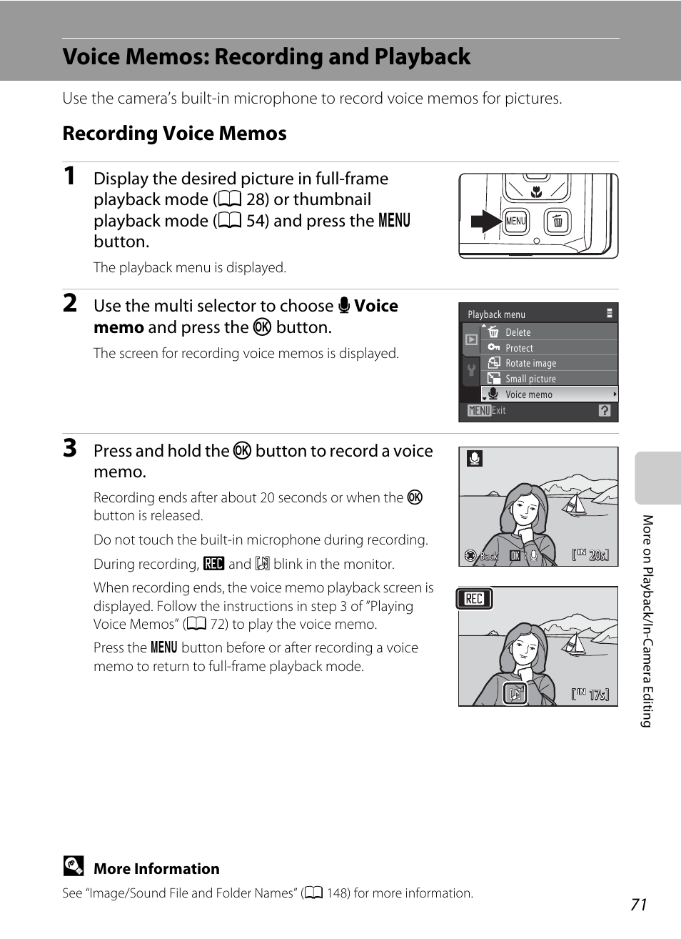 Voice memos: recording and playback, Recording voice memos, A 71 | Nikon S1000pj User Manual | Page 83 / 184