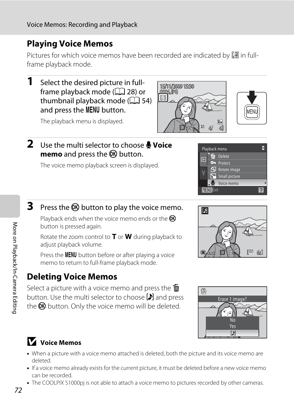 Playing voice memos, Deleting voice memos, Playing voice memos deleting voice memos | Of ”playing voice memos, A 72) | Nikon S1000pj User Manual | Page 84 / 184