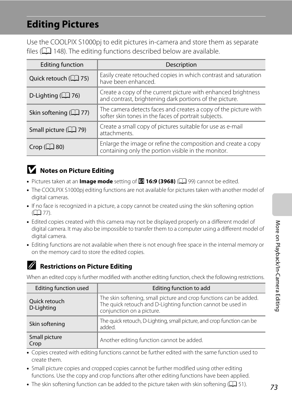Editing pictures, Using editing function, A 73) are | Nikon S1000pj User Manual | Page 85 / 184
