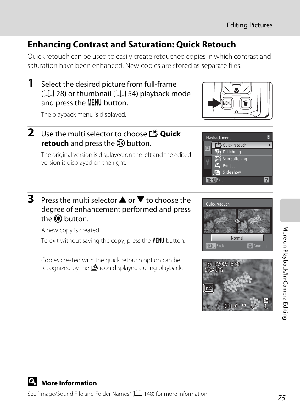 Enhancing contrast and saturation: quick retouch, A 75, A 75) | Nikon S1000pj User Manual | Page 87 / 184