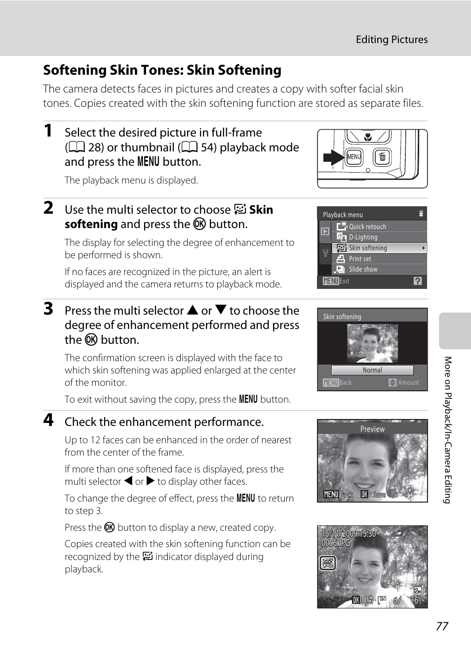 Softening skin tones: skin softening, A 77), A 77 | Check the enhancement performance | Nikon S1000pj User Manual | Page 89 / 184