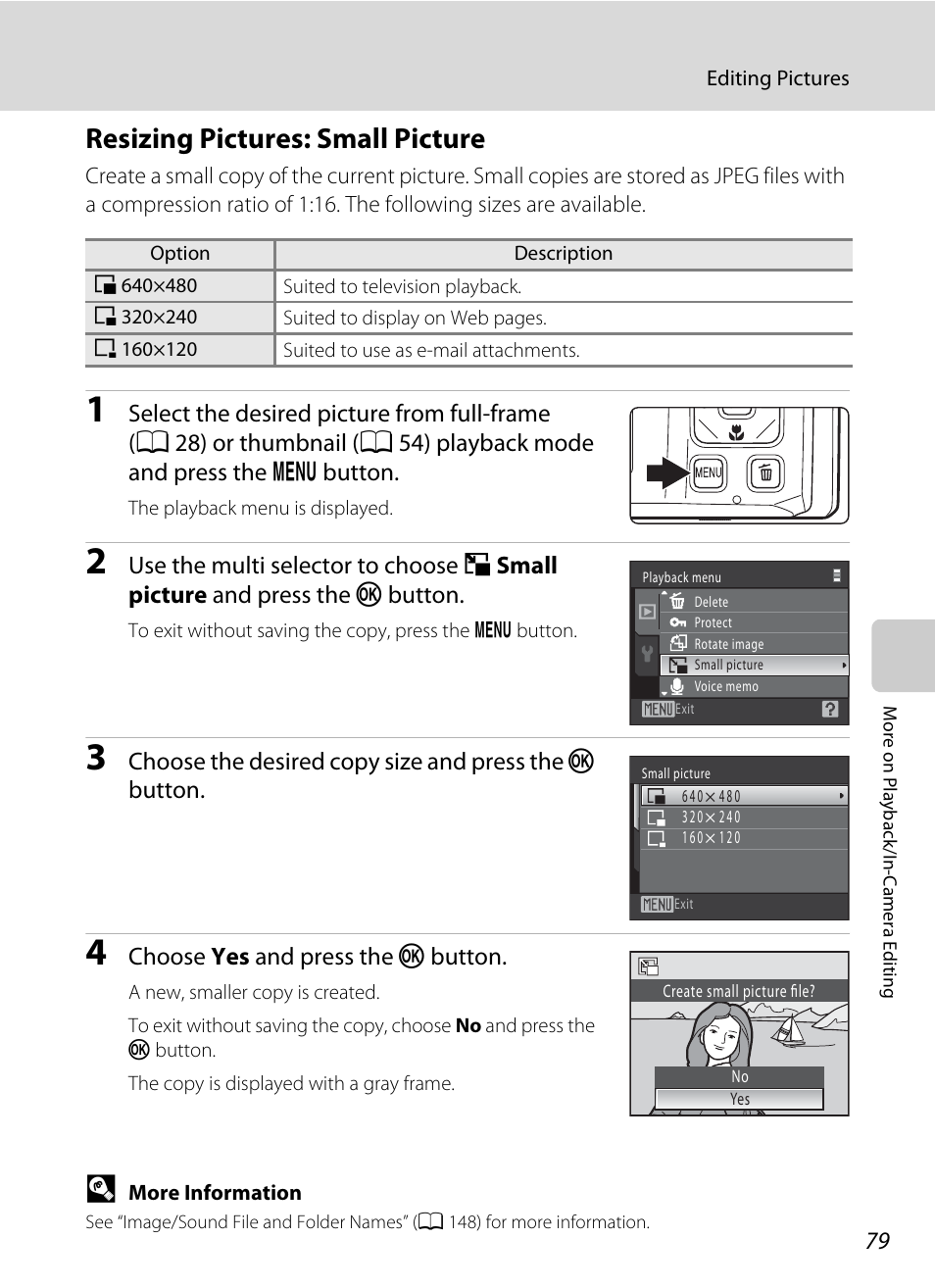 Resizing pictures: small picture, A 79, A 79) | Nikon S1000pj User Manual | Page 91 / 184