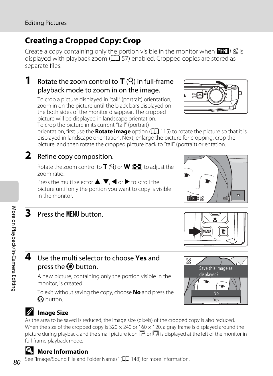 Creating a cropped copy: crop, A 80) | Nikon S1000pj User Manual | Page 92 / 184