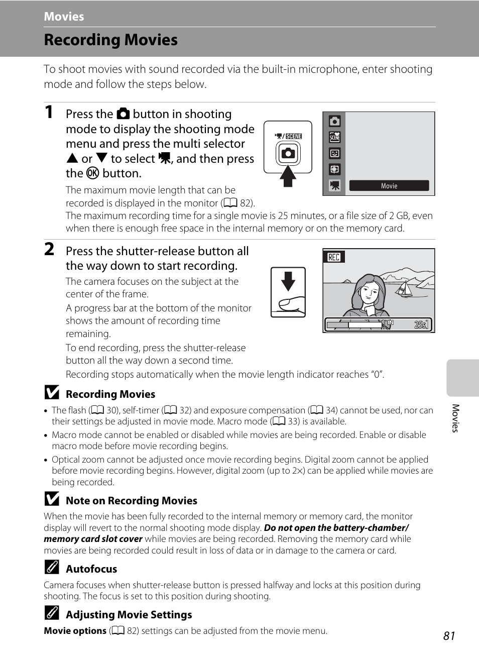 Movies, Recording movies, D movies | A 81, R “recording movies, A 81) to, A 81) | Nikon S1000pj User Manual | Page 93 / 184