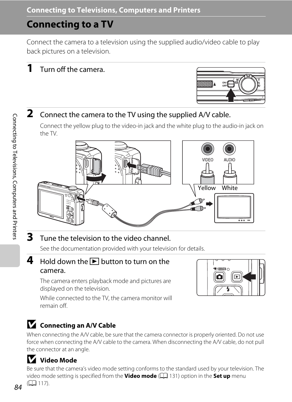 Connecting to televisions, computers and printers, Connecting to a tv | Nikon S1000pj User Manual | Page 96 / 184