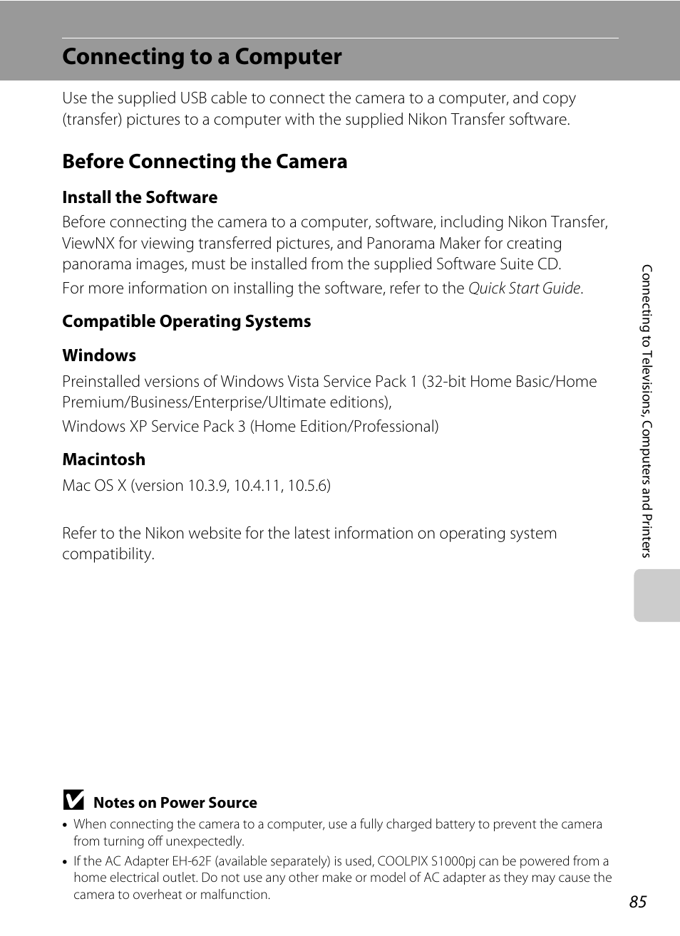 Connecting to a computer, Before connecting the camera, A 85 | Nikon S1000pj User Manual | Page 97 / 184