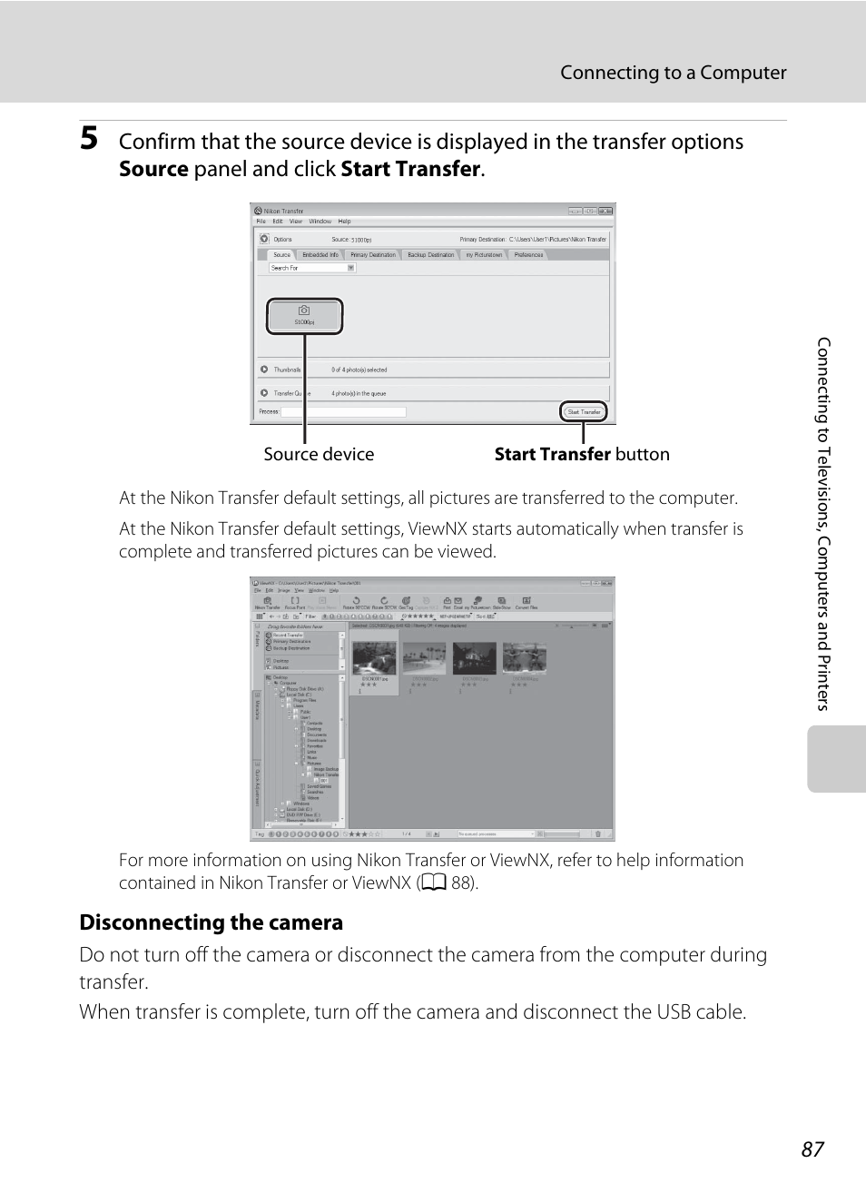 Disconnecting the camera | Nikon S1000pj User Manual | Page 99 / 184