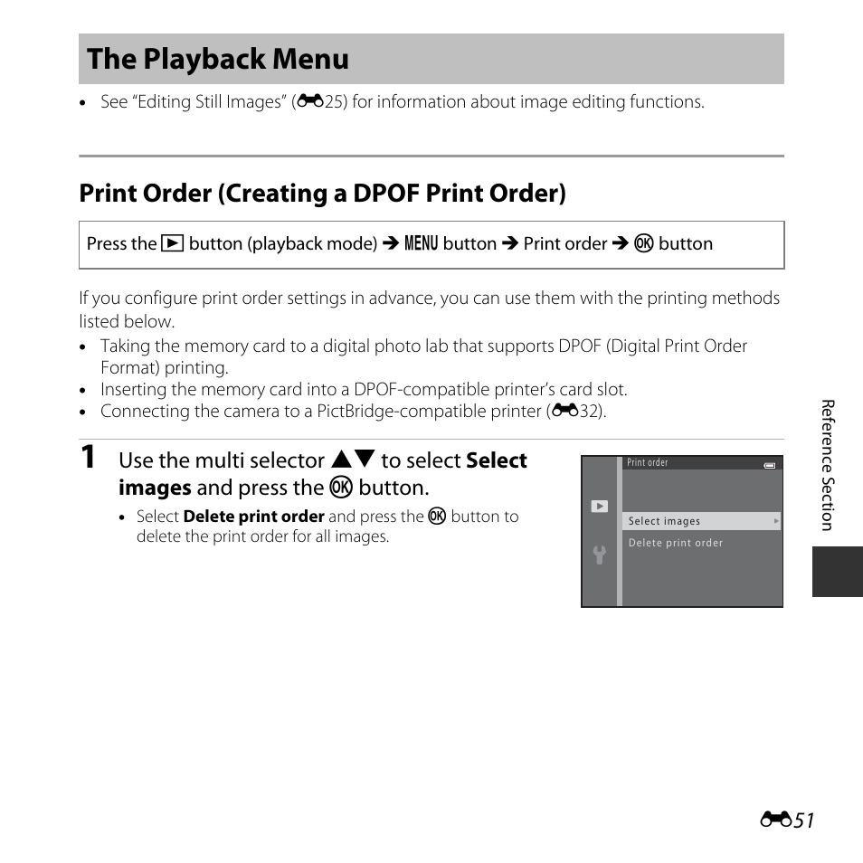 The playback menu, Print order (creating a dpof print order), E51) | Nikon L30 User Manual | Page 103 / 160