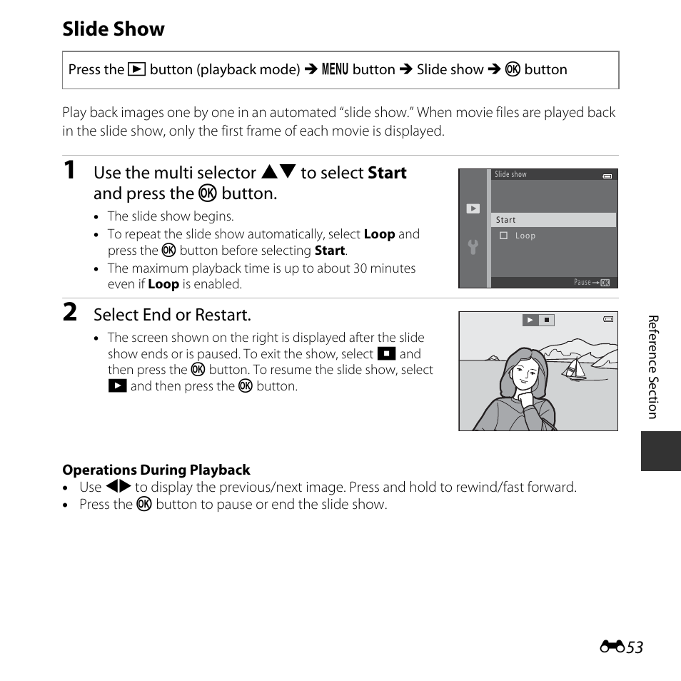 Slide show, Select end or restart | Nikon L30 User Manual | Page 105 / 160