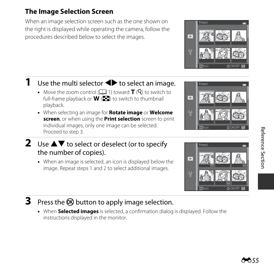 The image selection screen, Use the multi selector jk to select an image, Press the k button to apply image selection | Nikon L30 User Manual | Page 107 / 160
