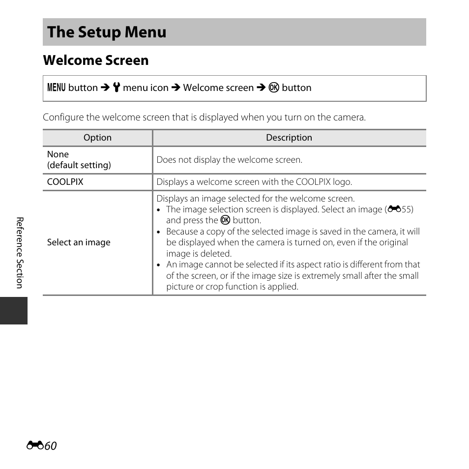 The setup menu, Welcome screen, E60) | Nikon L30 User Manual | Page 112 / 160