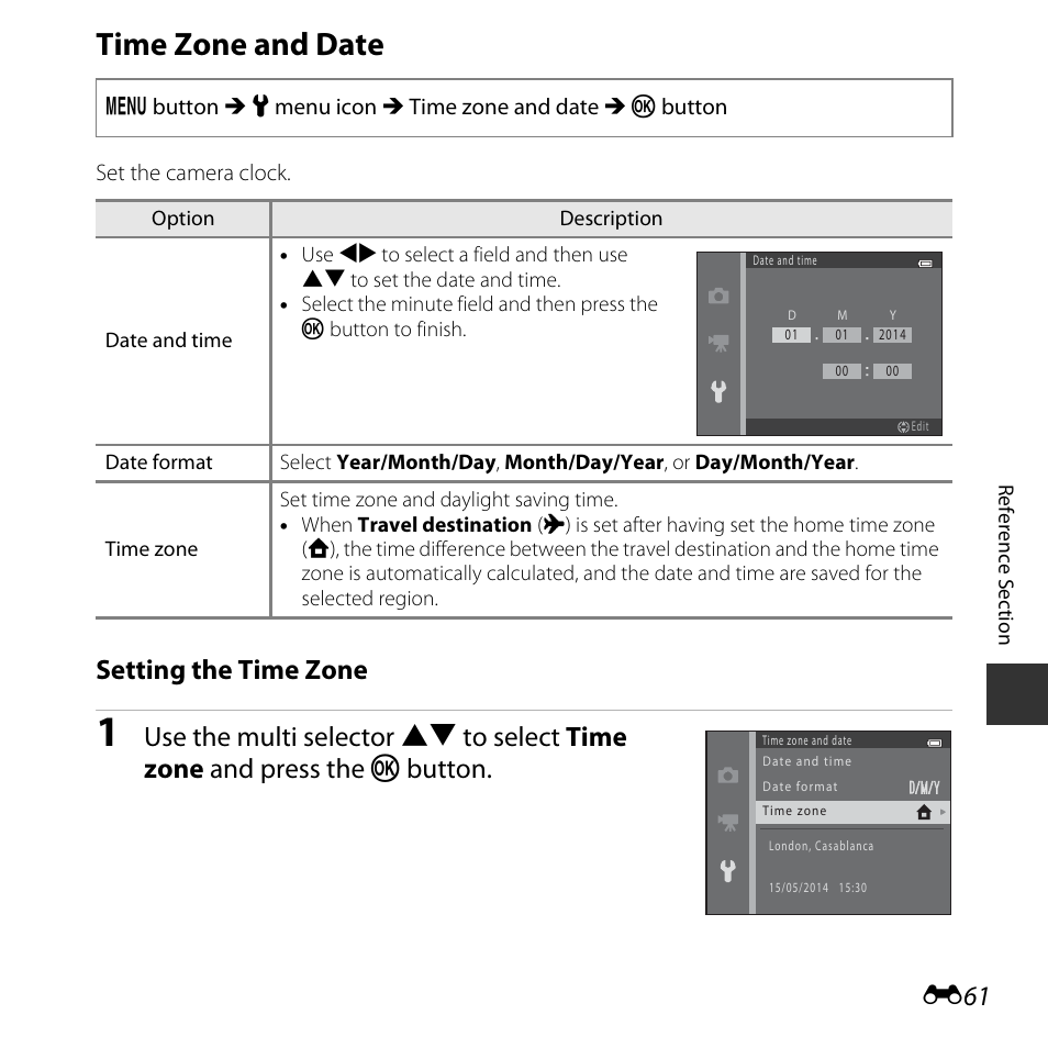 Time zone and date, Setting the time zone | Nikon L30 User Manual | Page 113 / 160
