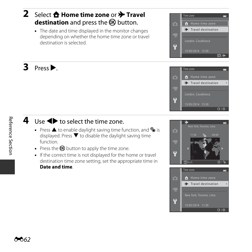 Press k, Use jk to select the time zone | Nikon L30 User Manual | Page 114 / 160