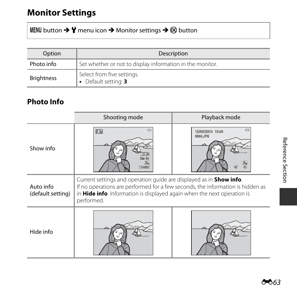 Monitor settings, Photo info | Nikon L30 User Manual | Page 115 / 160