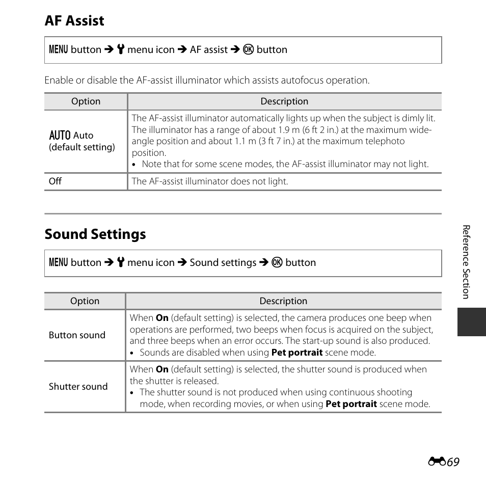 Af assist, Sound settings | Nikon L30 User Manual | Page 121 / 160