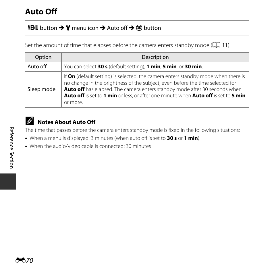 Auto off, E70) | Nikon L30 User Manual | Page 122 / 160