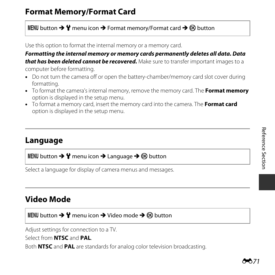 Format memory/format card, Language, Video mode | Nikon L30 User Manual | Page 123 / 160